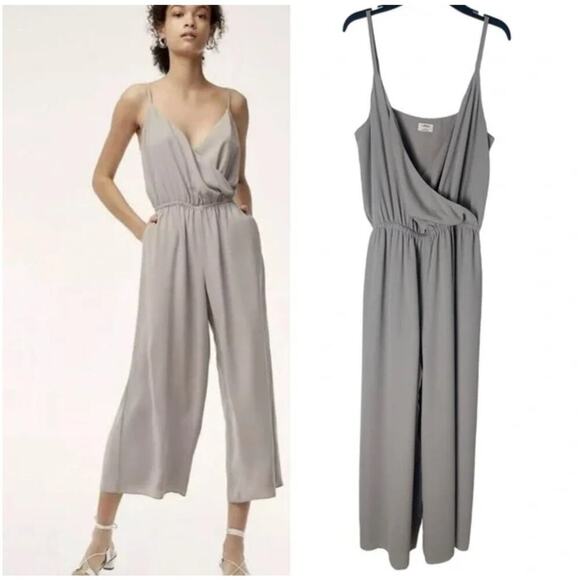 Wilfred Aritzia Melodie Jumpsuit Wide-leg Ashen V-neck Faux Wrap Gray L - Picture 2 of 14